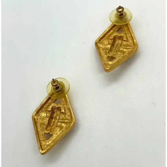 Vintage Anne Klein Earrings Brushed Gold-Tone, Diamond Shape Pierced Statement - Picture 4 of 13